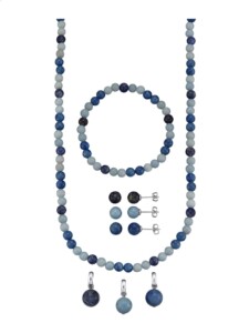 8tlg. Schmuck-Set aus blauen Sodalith-, Quarz- und Angelitkugeln Blau